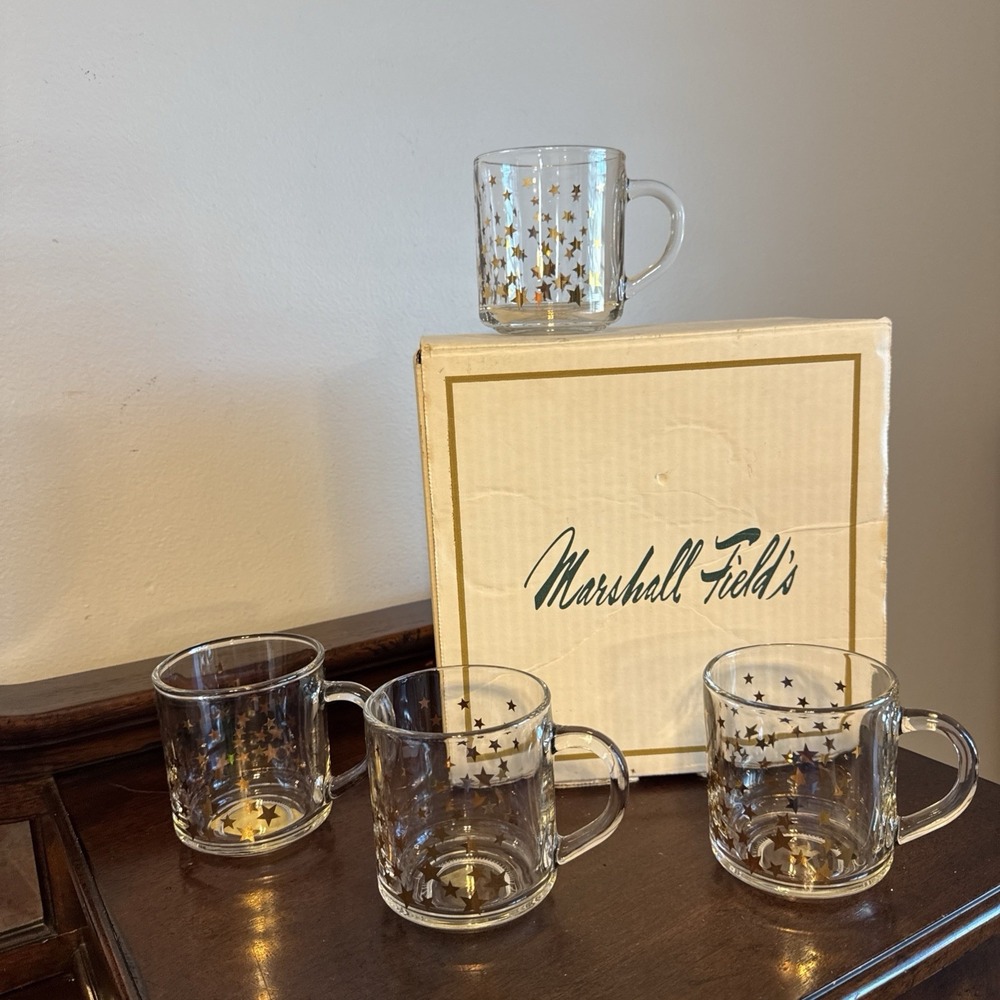 4 - 3.5" Marshall Field W/ Gold Stars Mug Set WITH Original BOX Coffee Tea Coco